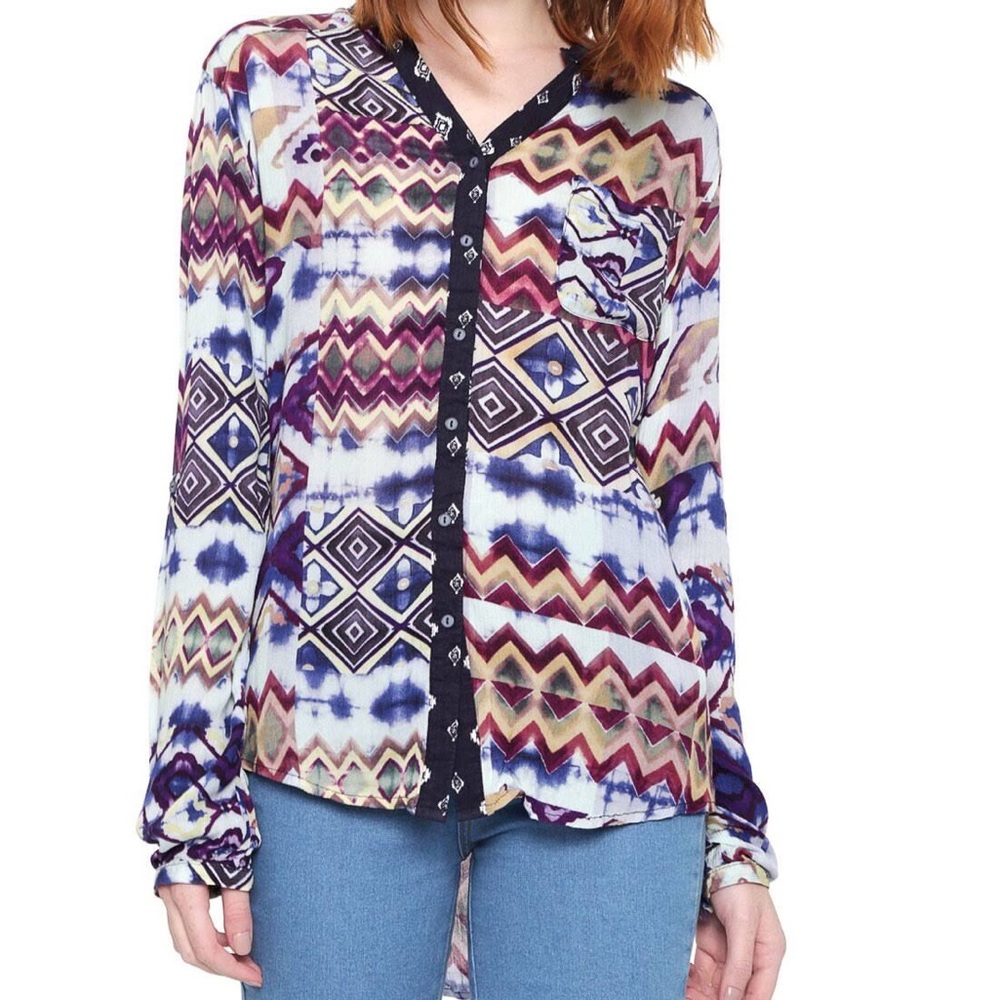 Desigual Women’s Roll-Tab Longsleeve Button Down Shirt with Lace Back Detail - L